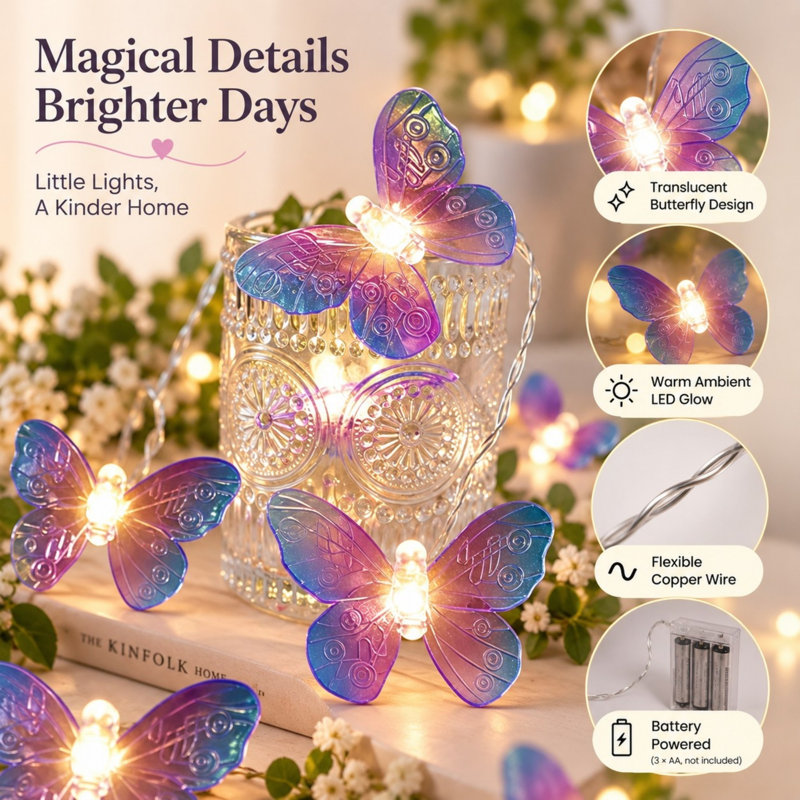 Guirlande lumineuse papillon violette de 3 mètres avec 20 DEL alimentées par piles