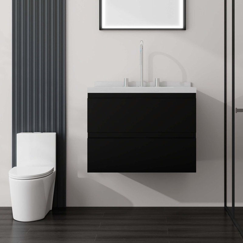 Meuble-lavabo flottant élégant avec tiroir à fermeture en douceur et comptoir en marbre de culture, Black