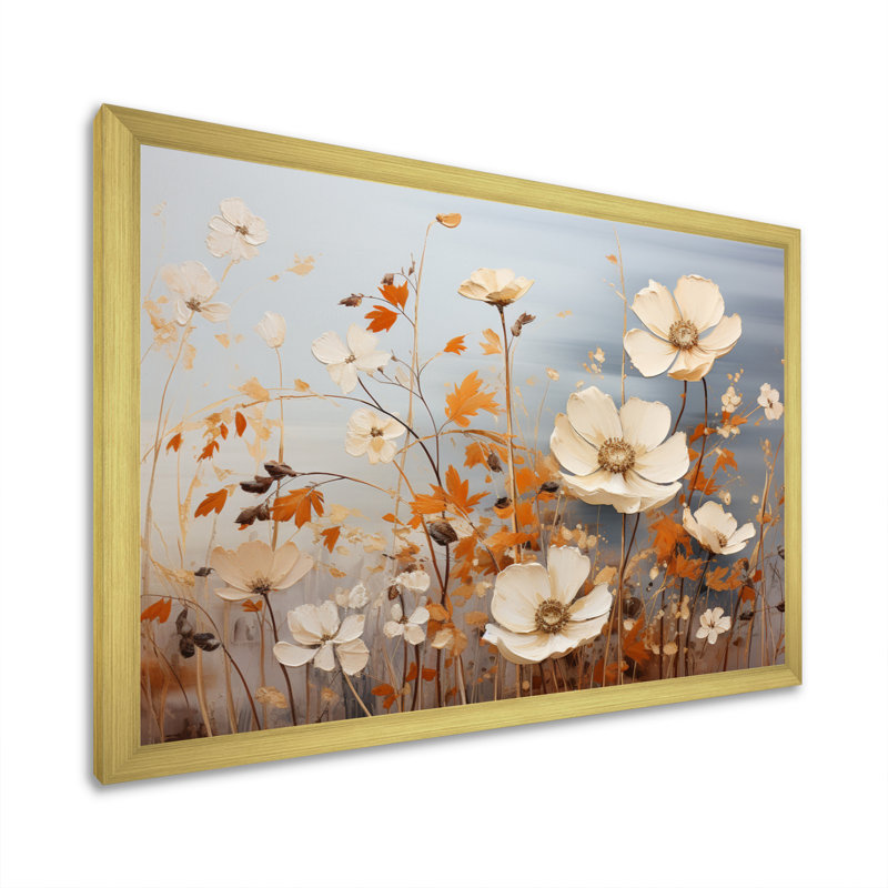 Attilio - blanc, orange, minimalisme, collage de fleurs - impression, H 30 po x l 40 po x P 1,5 po, Cadre doré simple