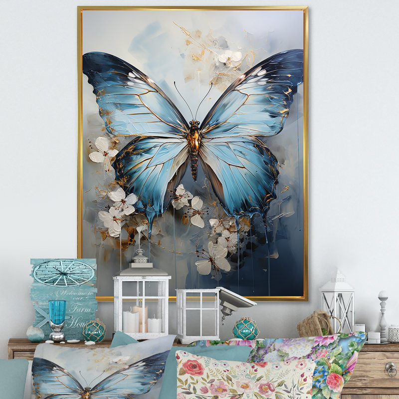 «Butterfly Ethereal Blues Form Abstract Elegance», reproduction sur toile, Cadre flottant doré, H 32 po x l 16 po
