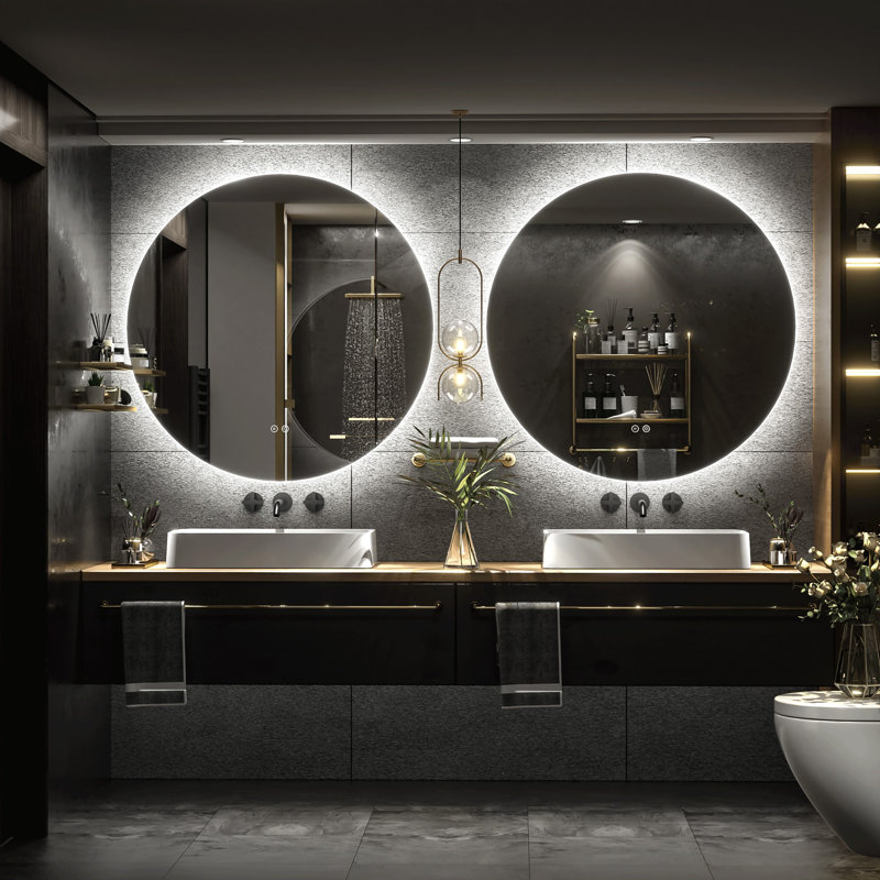 Miroir de salle de bain mural en verre trempé Molly, 32 po x 32 po, Rond
