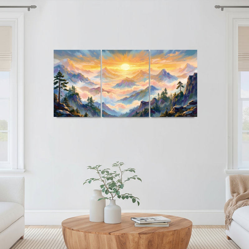 Ensemble de 3 tableaux sur toile représentant un coucher de soleil sur un paysage de montagne, H 18 po x l 36 po
