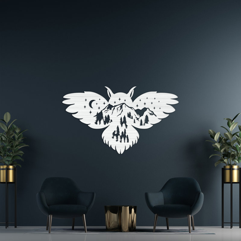 Art mural hibou avec montagne, arbres et étoiles - ACM, Noir, H 26,8 po x l 46 po x P 0,25 po