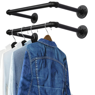 Industrial Pipe Clothes Rack 21.2” Set Of 2, Heavy Duty Wall Mounted Black Iron Garment Bar, Multi-Purpose Clothing Hanging Rod