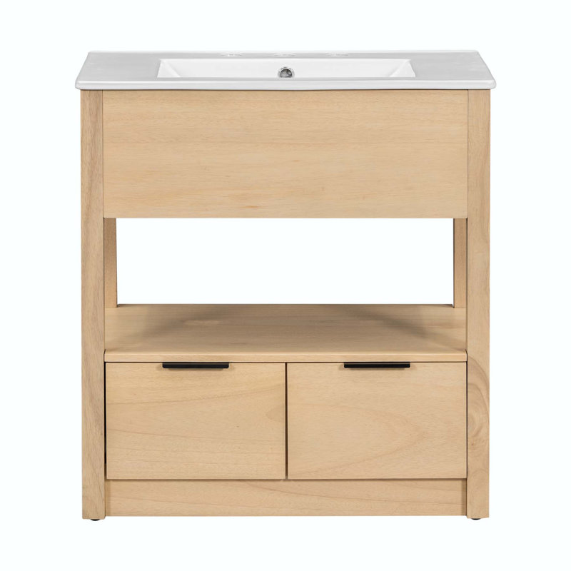 Chezaray 30'' Single Bathroom Vanity with Ceramic Top, Natural, Black