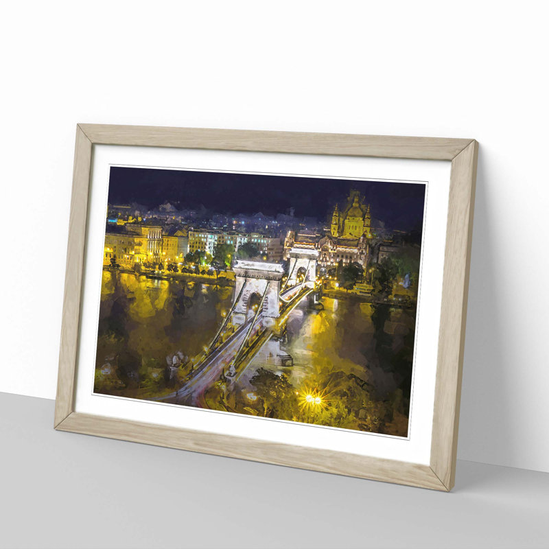 Chain Bridge in Budapest Hungary in Abstract - Picture Frame Graphic Art Print, 48cm H x 65cm W x 2cm D, Oak Framed