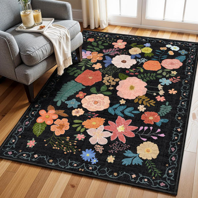 Tapis lavables lavables à la machine 3 x 5 po: tapis ultra fin et doux à poils courts, tapis d'entrée lavable à la machine, tapis d'entrée léger, tapis antidérapants pour salon, cuisine, chambre, 3 pi x 5 pi, floral noir