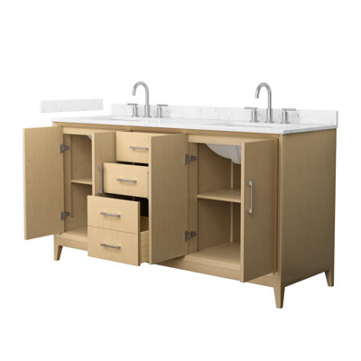 Janna 66 Inch Double Bathroom Vanity in White Oak, Carrara Cultured Marble Countertop, Undermount Square Sinks (3-Hole), Brushed Nickel Trim