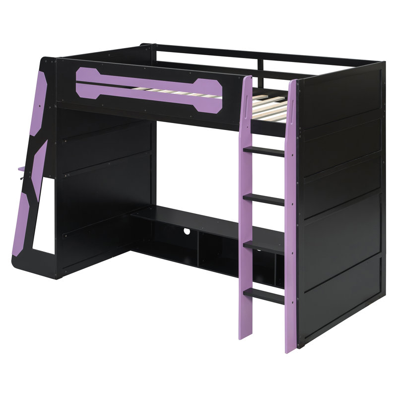 Lit mezzanine simple en bois avec bureau, tablettes multiples et lumière RVB, mauve, Lit simple