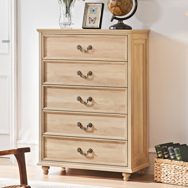 Farmhouse 5 Drawer Dresser For Bedroom, 45" Tall Vinatge Chests Of Drawers W/ 4 Solid Gourd Feet, Mid Century Modern Boho Wood Closet Storage Dressers Organizer For Living Room