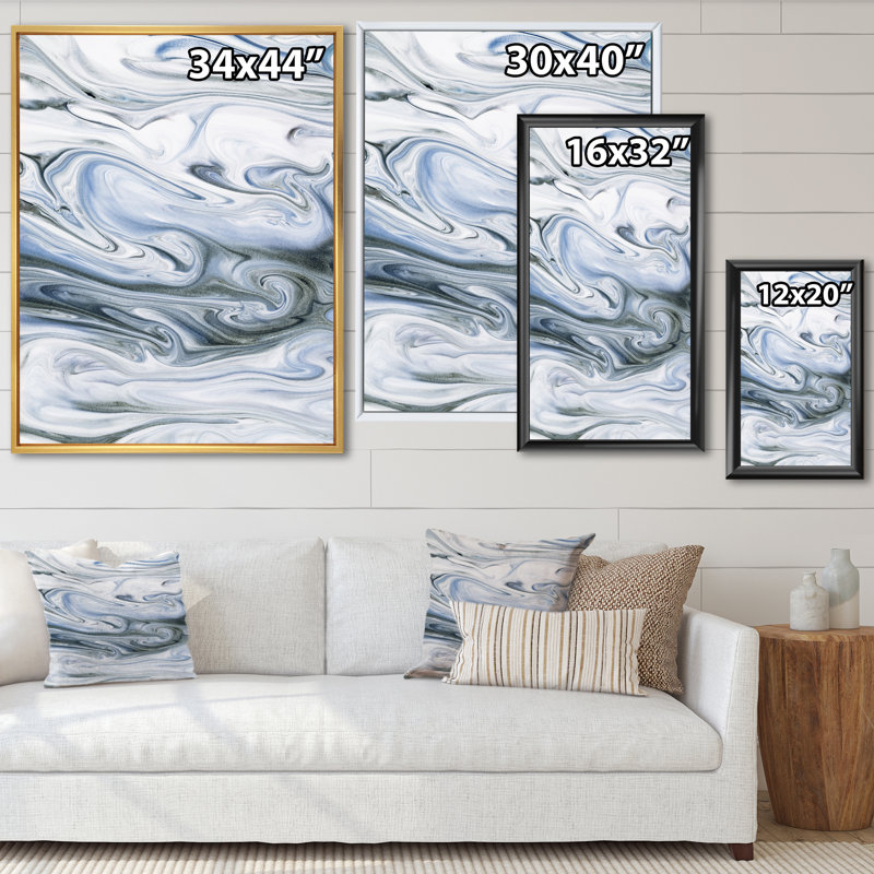 Gris gris et bleu, art du marbre liquide - peinture sur toile, Toile avec cadre en érable, H 44 po x l 34 po