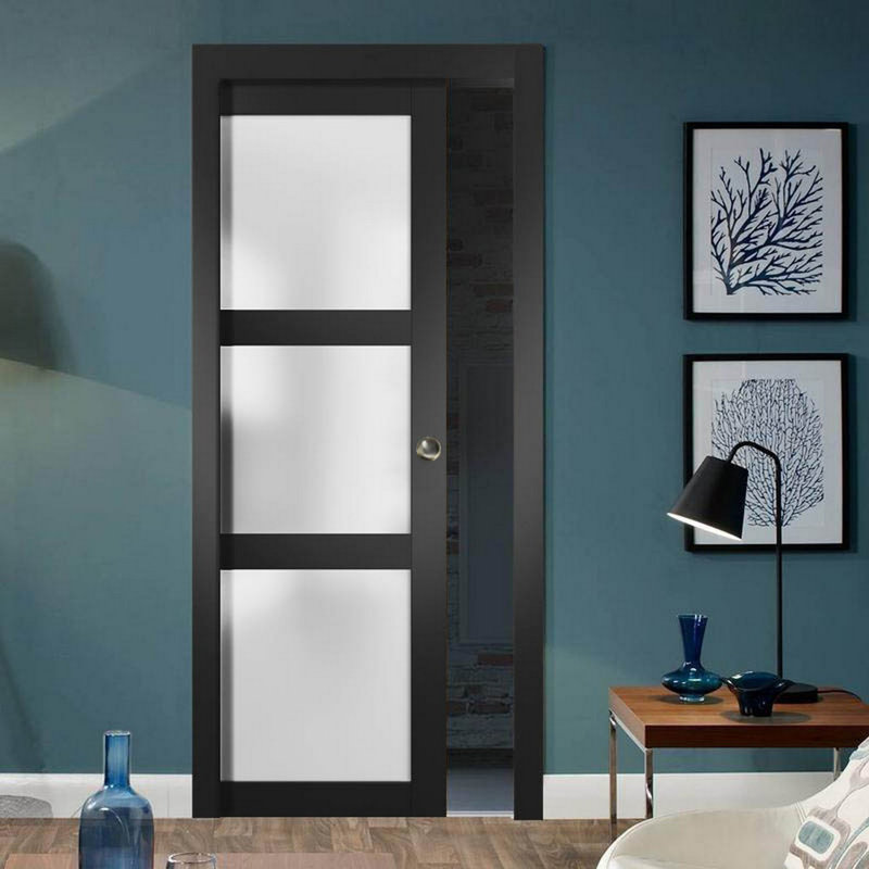Porte coulissante à galandage Lucia 2552, fini noir mat, avec moulures, rail et quincaillerie, en bois massif, pour chambre à coucher, portes robustes - 76 cm x 213 cm