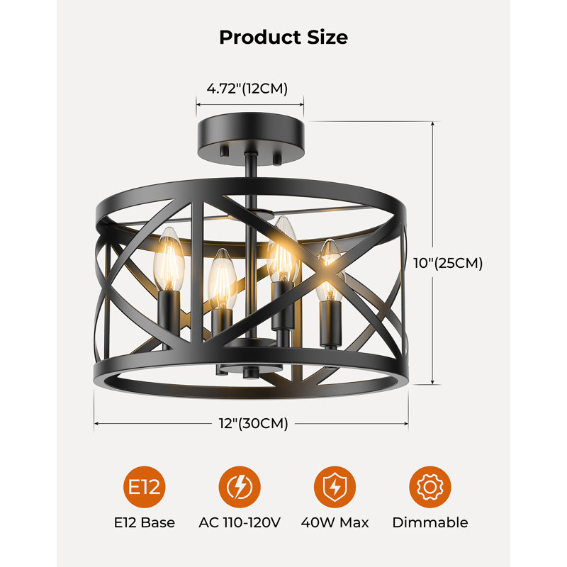 4-Light Semi Flush Mount Ceiling Light Fixture, Black