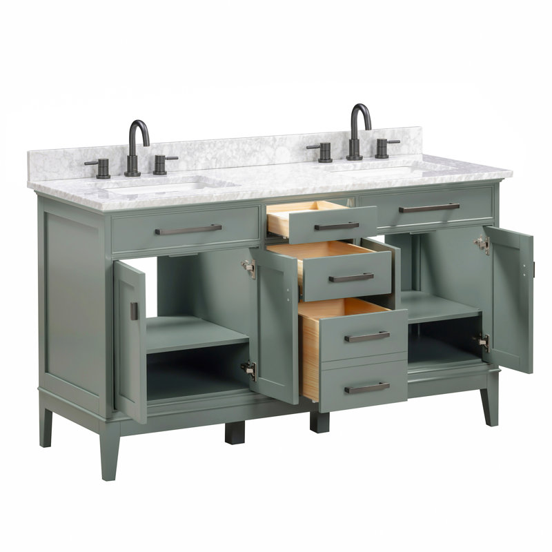 Anglet 60" Double Bathroom Vanity with Top, Carrera White, Smoke Green
