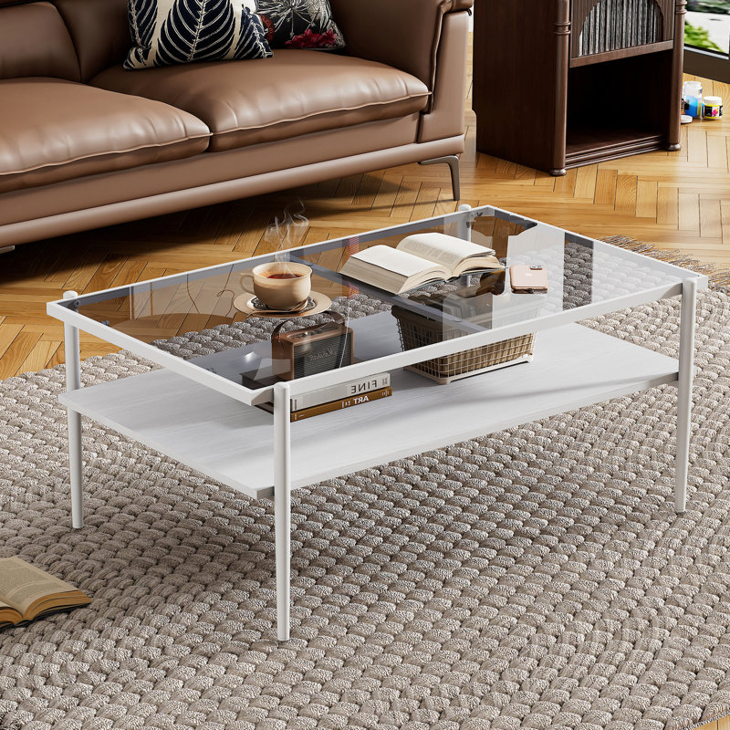 Coffee Table With Gray Tempered Glass Top And Solid White Metal Legs Rectangle Smooth