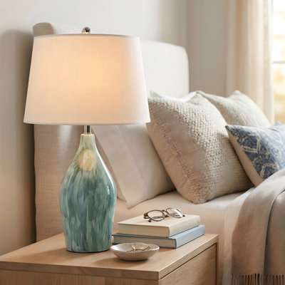 28" Modern Table Lamp, Hand-glazed Green Ceramic Bedside Lamp With Bulb, Nightstand Light For Living Room Bedroom Office