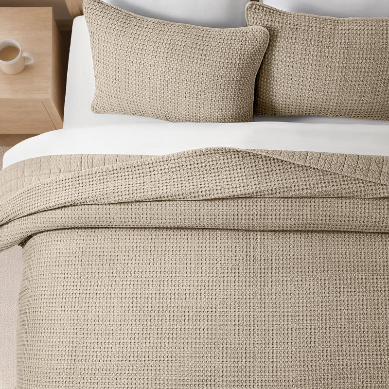 Ensemble de courtepointe 100% coton gaufré Stonewashed, Courtepointe très grand et 2 très grandes taies, Foyer taupe