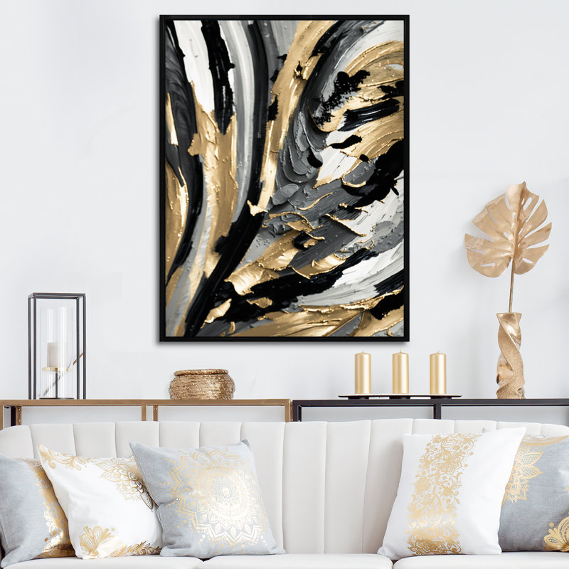 Rythme de plaisir abstrait noir et or I - peinture abstraite, art mural, Cadre flottant noir, H 44 po x l 34 po x P 1,5 po