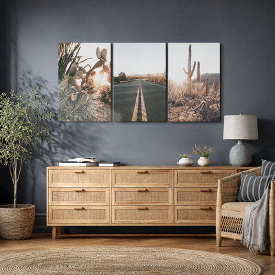 «Cactus Desert», «Road Through The Joshua Tree Landscape Large», reproduction d'art sur toile encadrée 3 pièces