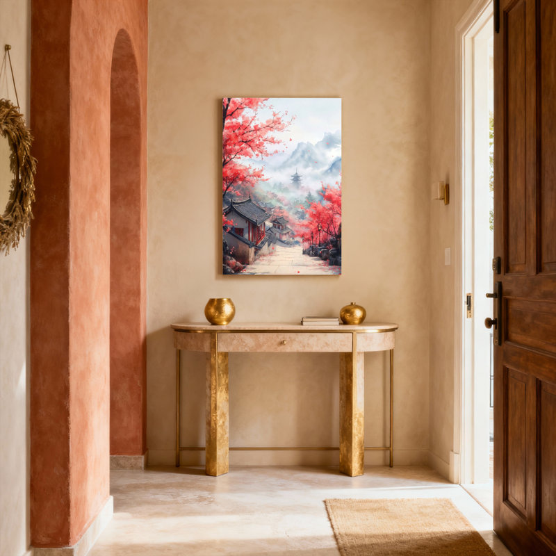 «Cherry Blossom Temple Landscape», ensemble de 1 reproduction d'art sur toile tendue, H 24 po x l 16 po