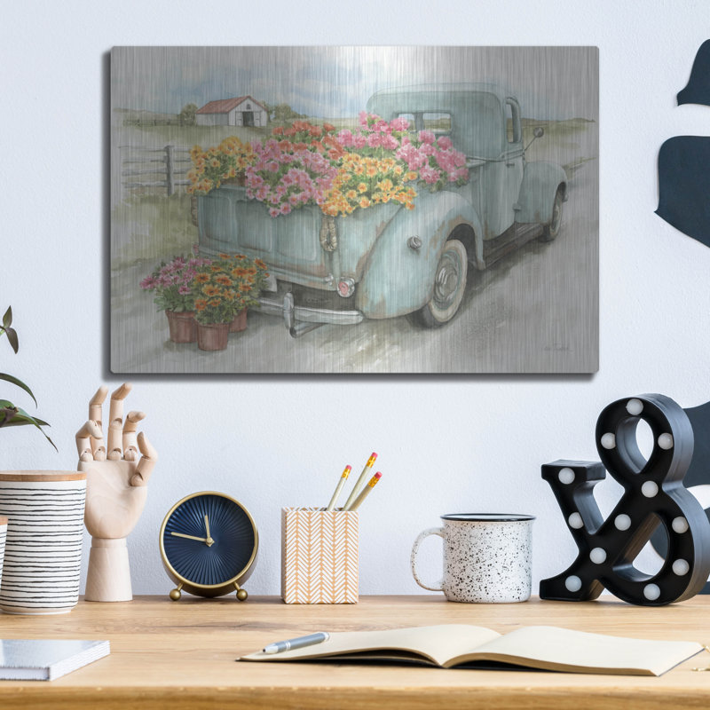 Art mural en métal «Truck With Flowers» par Leslie Trimbach, H 12 po x l 16 po