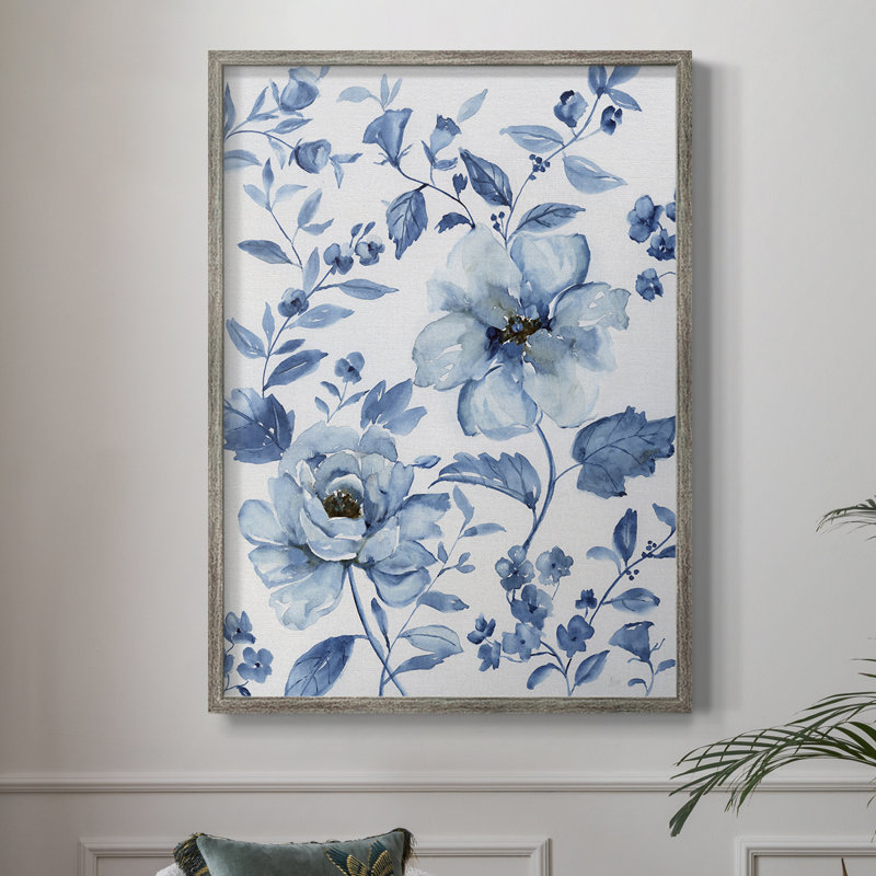 Impression encadrée de chinoiseries bleues - bois massif 43376, H 15 po x l 12 po