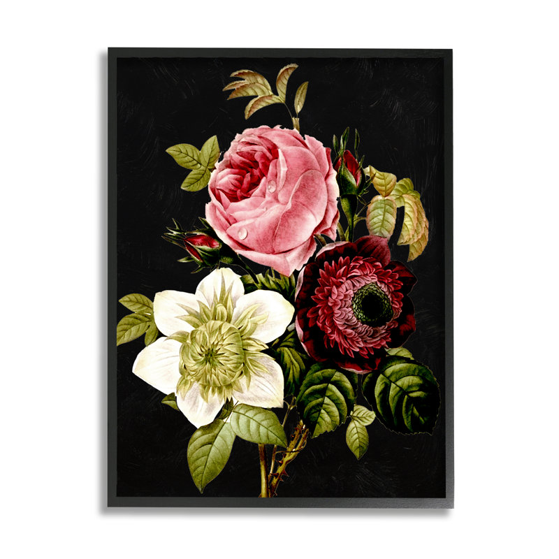 Fleurs roses et rouges sur bois par Piddix, H 30 po x l 24 po x P 1,5 po, Giclée encadrée noir minuit