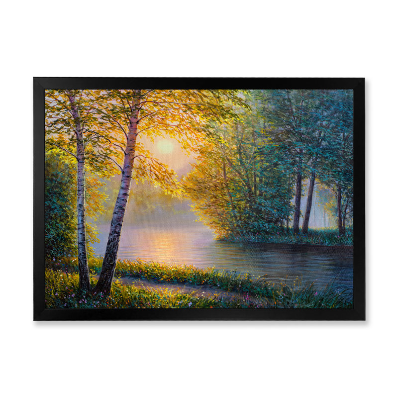 «Morning Summer With Beautiful River Spring Forest», peinture sur toile, H 24 po x l 32 po x P 1 po, Cadre noir