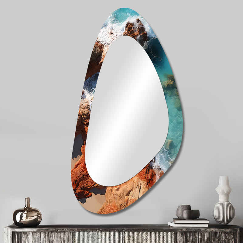 Bleu et orange plage rocheuse vue aérienne V - grand miroir asymétrique de plage, miroir mural décoratif de forme unique bleu, impression d'art en métal