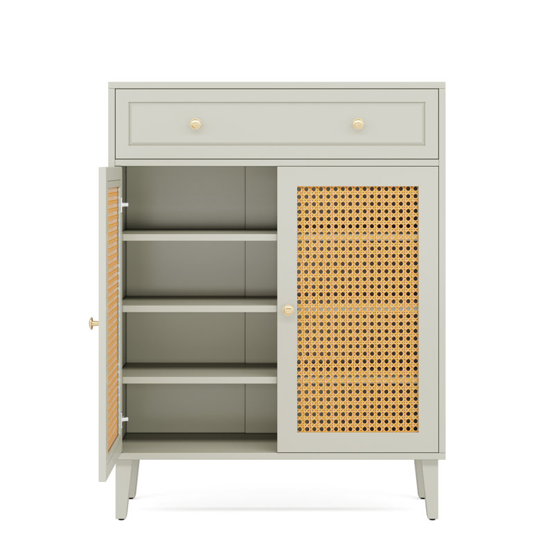 Armoire à chaussures 31,49 po en bois vert menthe avec portes en rotin et tiroir, range-chaussures à 4 niveaux