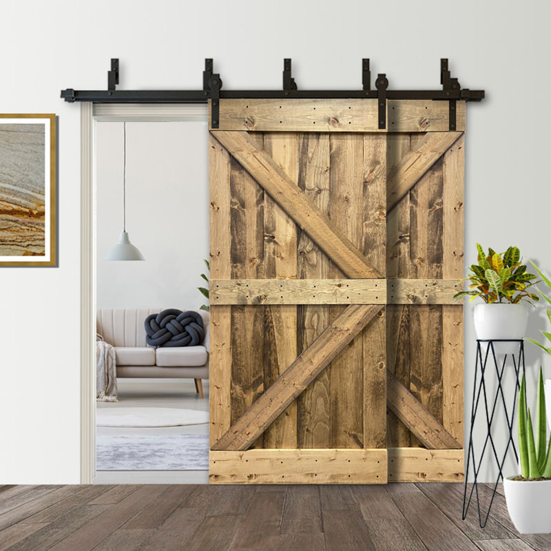 Porte de grange à panneaux et en bois avec quincaillerie d'installation, 30 po x 84 po, Chêne vieilli, Café foncé