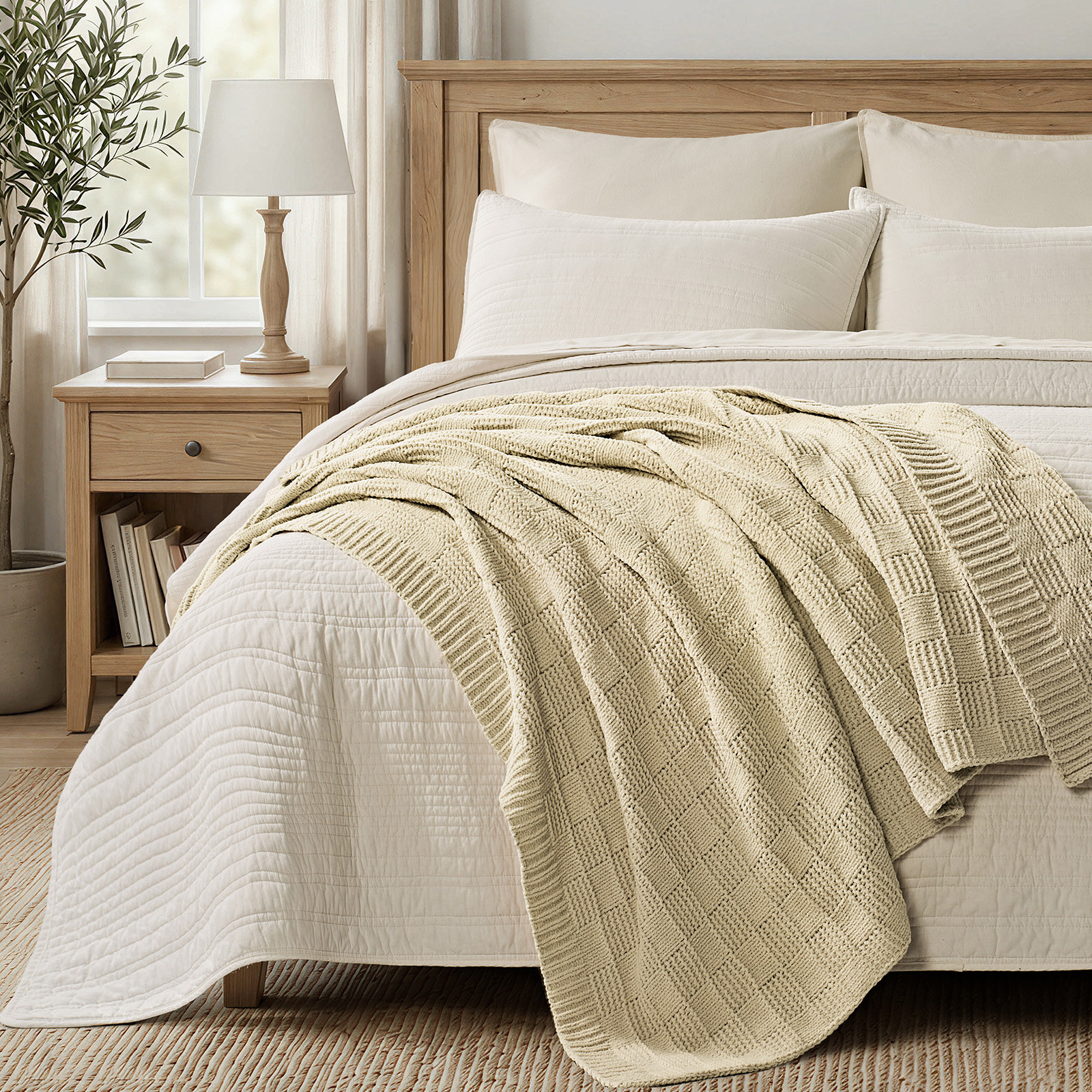 Checkered Weighted Knit Throw Blanket, 50" X 60", Beige