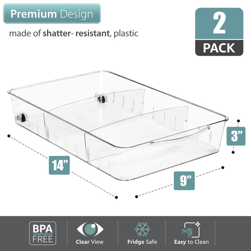 Sorbus Large Clear Roll Out Fridge Organizers with Wheels, Dividers, & Handles (Flat, 2 Pack)