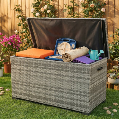 Wicker-Style Patio Furniture Storage Box in Grey Color