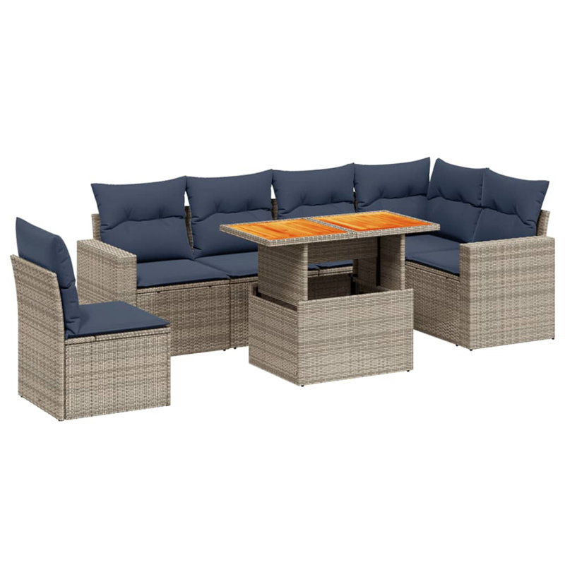 Ensemble de canapé de patio 7 pièces avec coussins en rotin de polyester, Gris, Marine