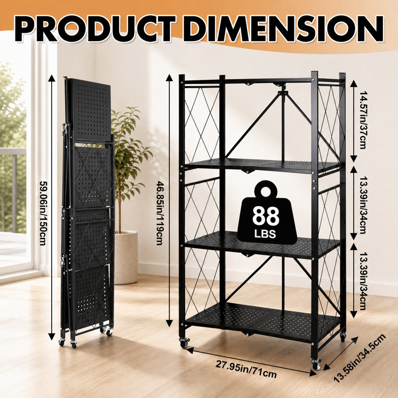 Tablette de rangement pliable en métal à 4 niveaux avec roulettes, chariot roulant pliable, capacité de 90 lb, pour garde-manger, garde-robe et organisation de bureau