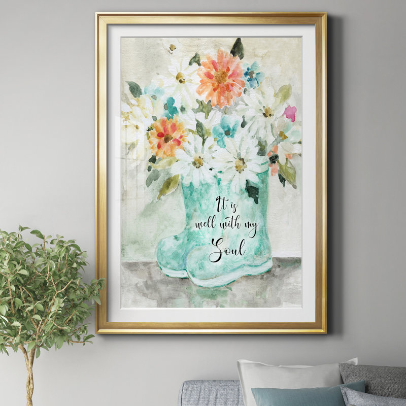 Daisy Wellies Bouquet - Reproduction d'art sur papier encadrée, H 26,5 po x l 36,5 po x P 1,5 po, Papier doré