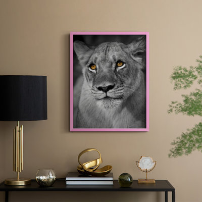 Portrait de lionne, reproduction encadrée - bois massif