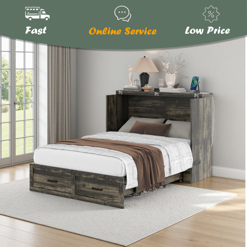 Armoire murale avec station de charge Murphy, Gris rustique, Lit double