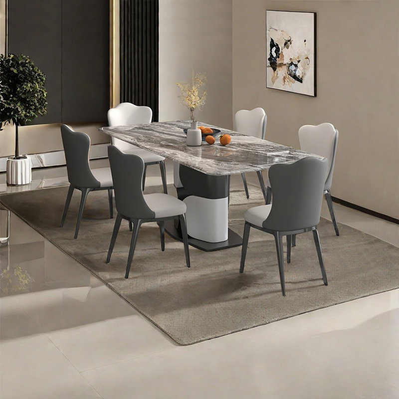Brown Luxury Marble Rectangular Dining Table Sets, 29.5"H x 70.8"L x 35.4"W