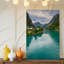 Toile, "Vue panoramique d'un fjords norvégien serein" avec art mural, rivière turquoise qui reflète le ciel nuageux encadré d'une toile-852060723