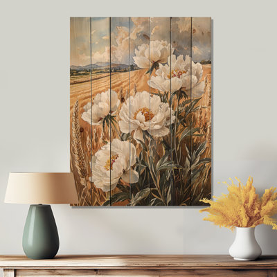 Pivoines par le champ de récolte - décoration murale en bois de pivoines - sur bois de pin naturel
