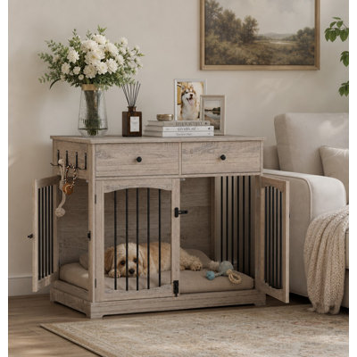 39.7'' Wooden Dog Crate Furniture with Drawers, Double Doors & Storage Hooks