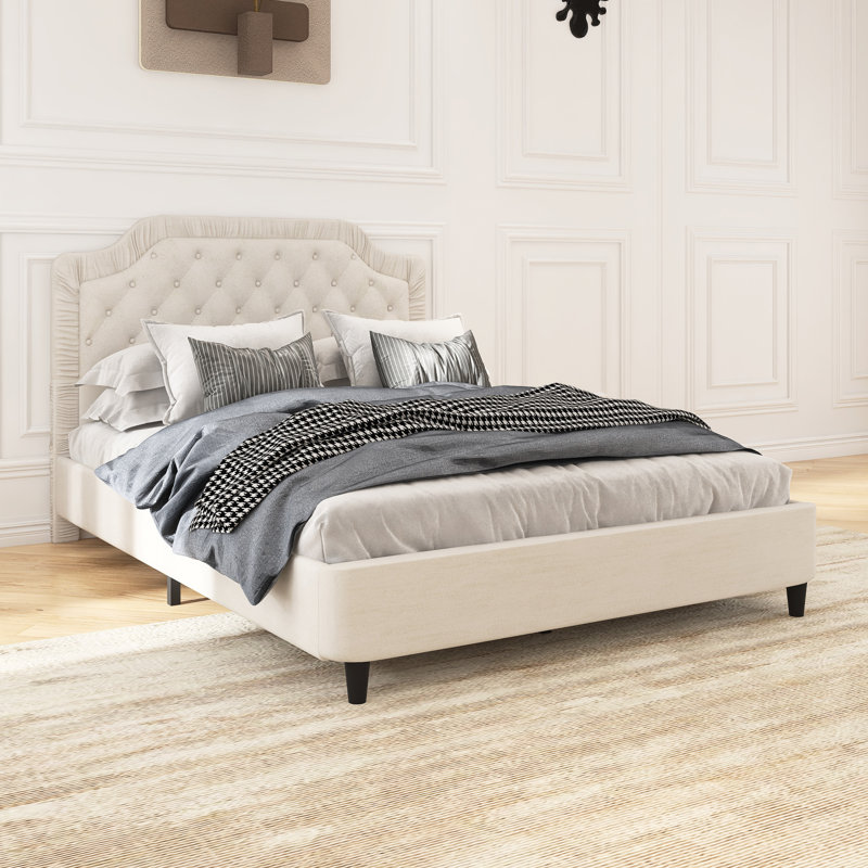 Queen Size Upholstered Bed With Ruched And Button Tufted Headboard, White