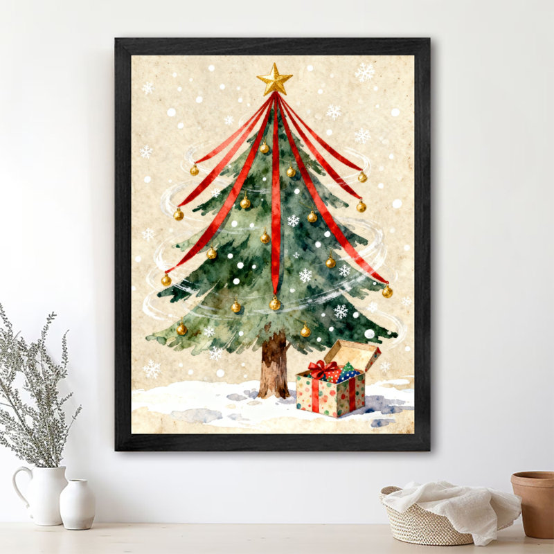 Arbre de Noël noir encadré noir avec cadeaux emballés, impressions encadrées de style rétro, H 11 po x l 9 po