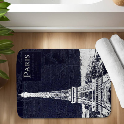 Paris blue print and eiffel tower Bath Mat with Non-Slip Backing - Quick Dry Memory Foam Bathroom Rug - Absorbent - Modern Plush Spa-Style - Machine Washable