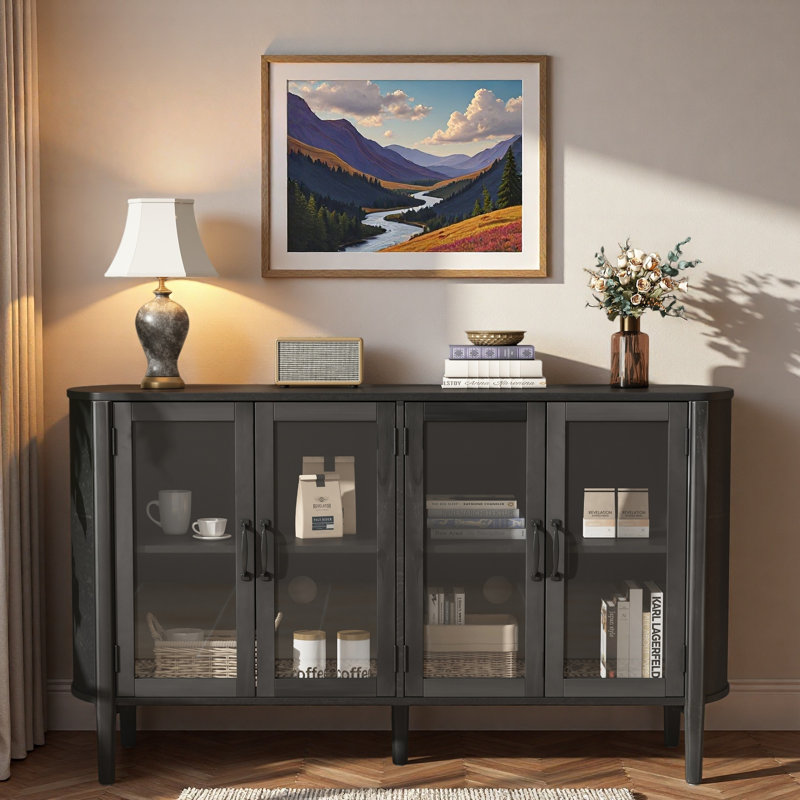 Buffet moderne avec portes en verre et tablettes réglables, Noir
