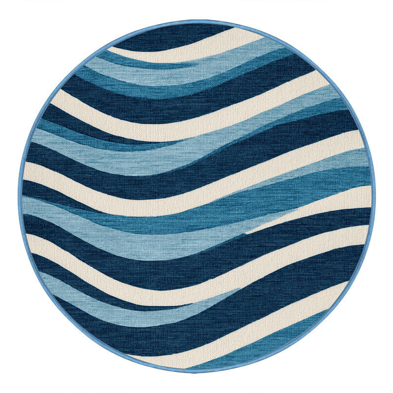 Washable Blue Ombre Waves Coastal Area Rug, Round 7'
