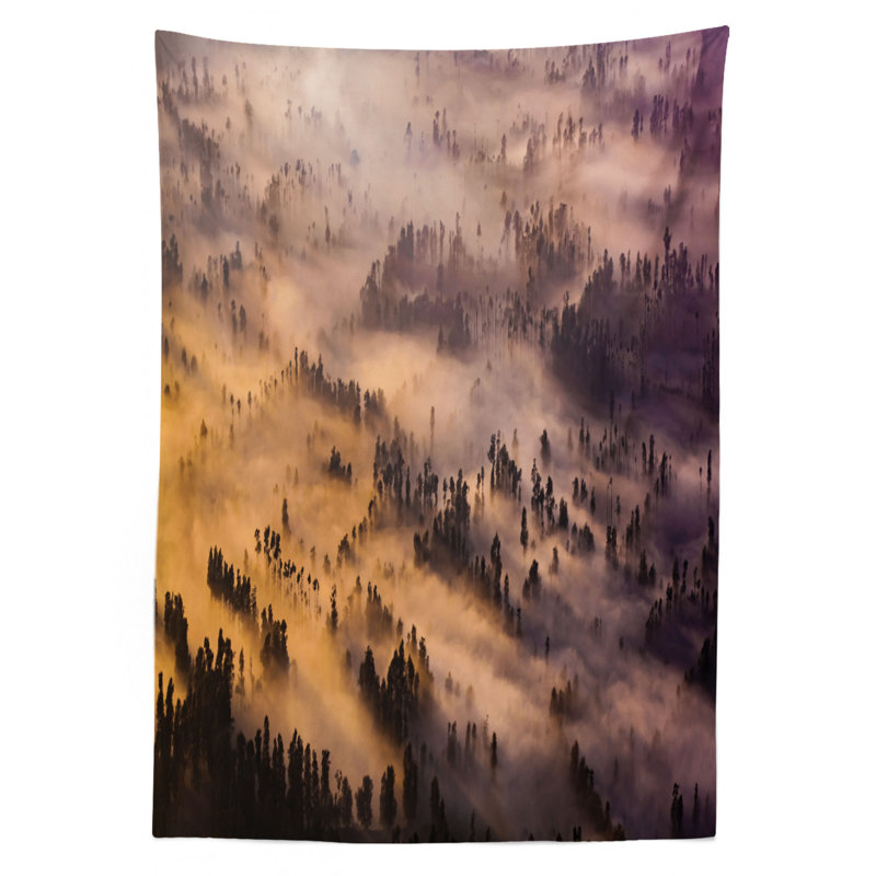 Ambesonne Mystic Tablecloth, Sunrise Over A Foggy Mystic Forest Summer Morning Time Wildlife Scenic Picture, Rectangular Table Cover For Dining Room Kitchen Decor, 52" X 70", Yellow Brown