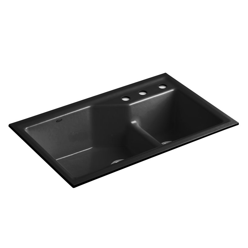 Indio® 33" L x 21.125" W Double Basin Undermount Kitchen Sink with Accessories, 3 hole, Black